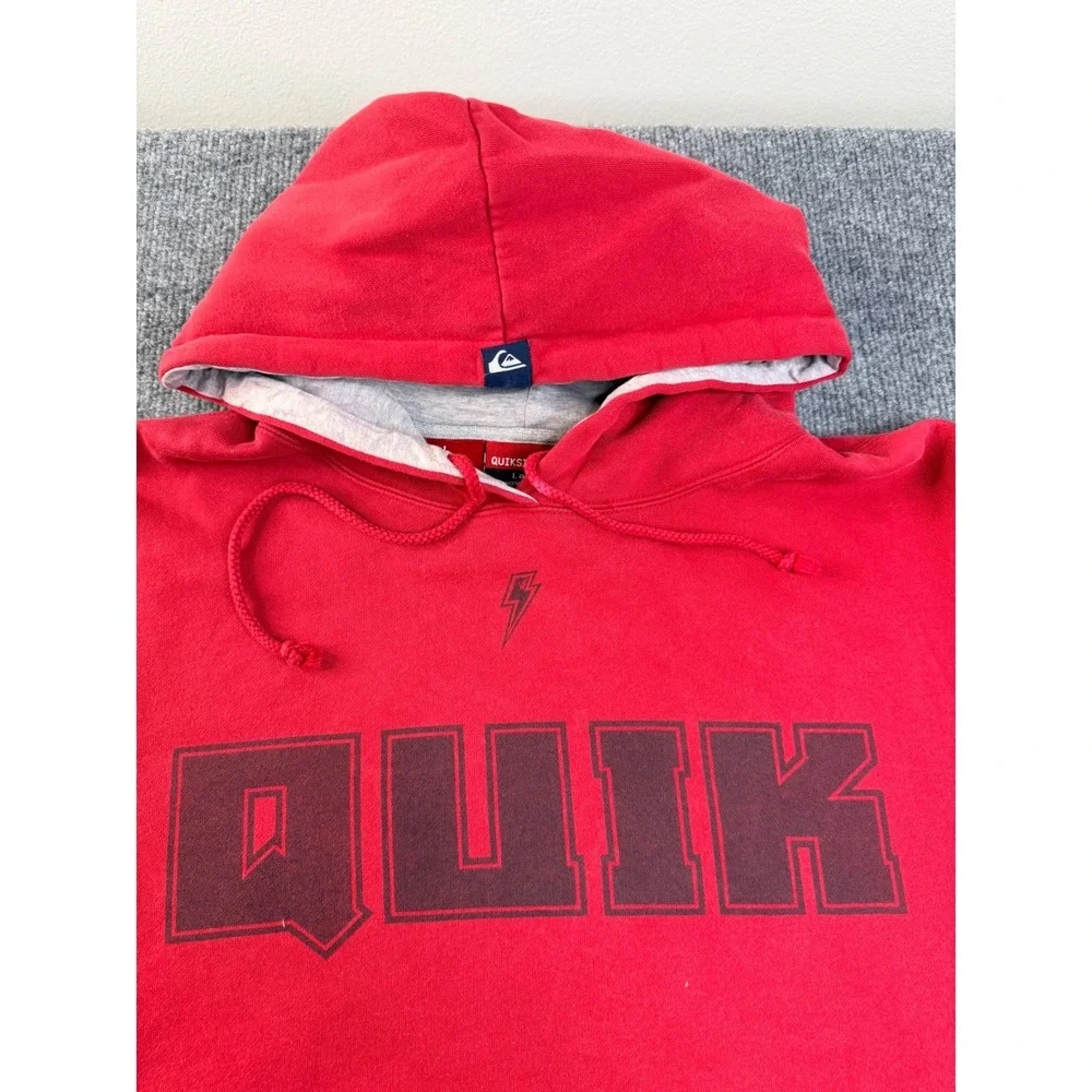 Quiksilver Mens Large Red Graphic Hoodie Cotton Fleece Pullover Skate Sweatshirt